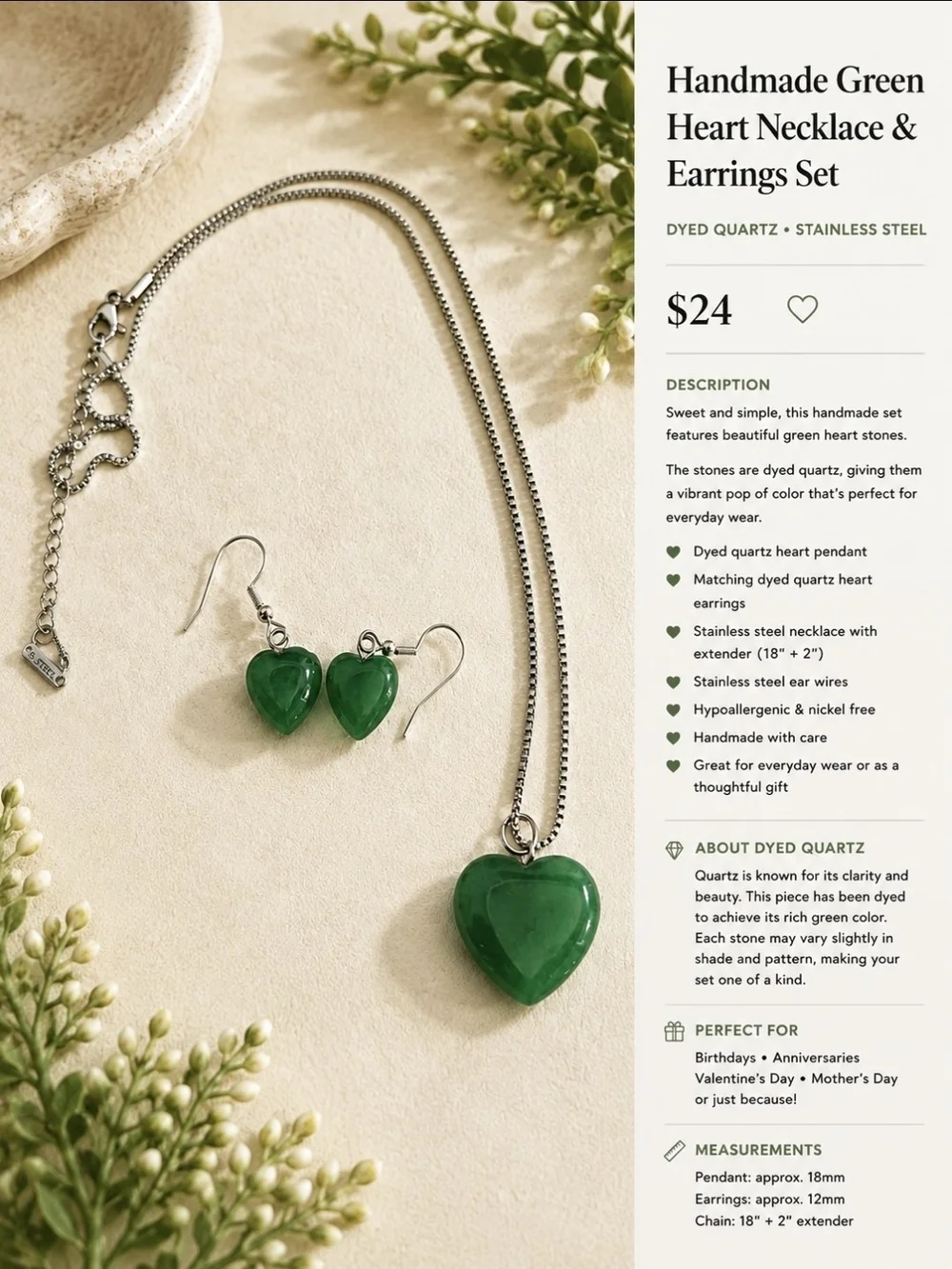 Handmade Green Dyed Quartz Heart Necklace & Earrings Set | Stainless Steel & Ste